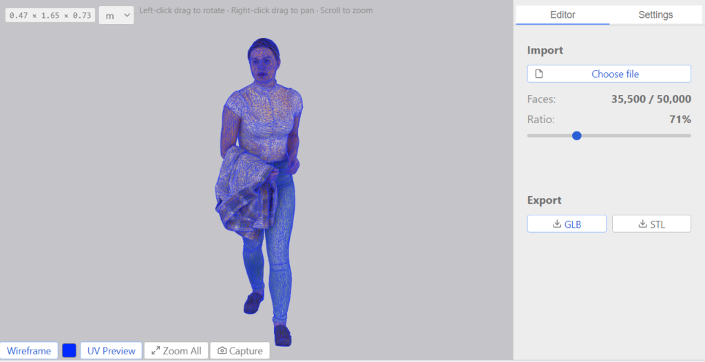 Decimify online mesh simplifier reducing a 3D scan in the browser