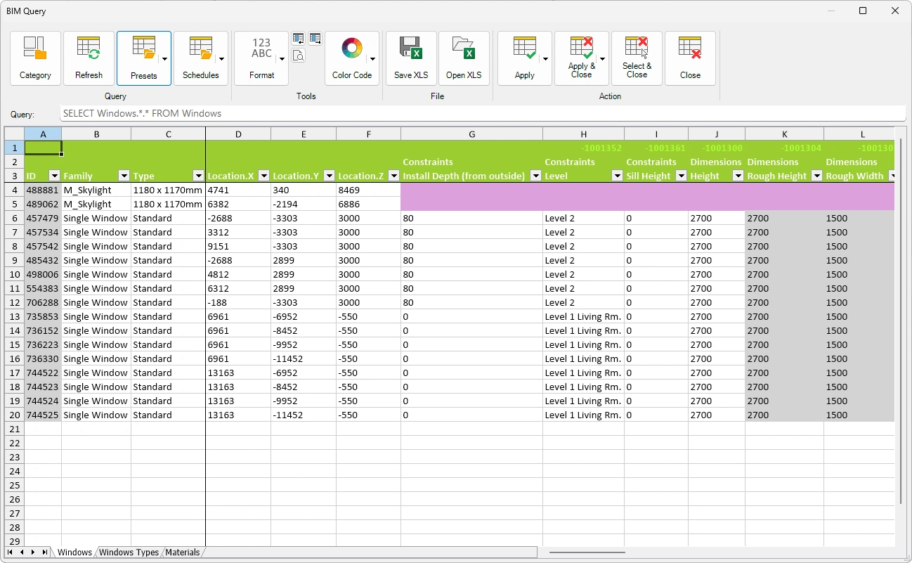 Kobi BIM Query — in-Revit grid editor and pricing