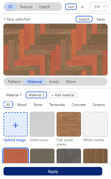 Texturic dialog Material tab: upload your own image, solid colour and texture tiles, two materials on one herringbone swatch