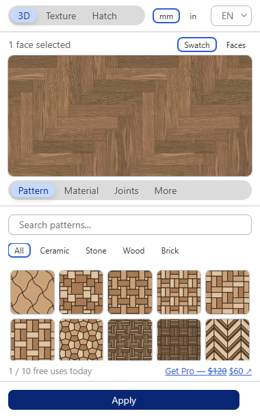 Texturic dialog in SketchUp: seamless herringbone swatch, the Pattern, Material, Joints and More tabs, searchable pattern grid and the free-use counter, 1 / 10 free uses today