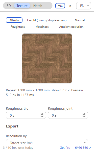 Texturic dialog Texture tab: seamless herringbone texture with albedo, height, normal, roughness, metalness and ambient occlusion maps