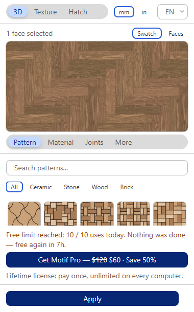 Texturic dialog when the 10 free uses of the day are spent: when free use returns and the Texturic Pro button