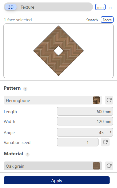 TileUp dialog Faces view: the herringbone layout on the selected face with a hole, cut tiles at the edges