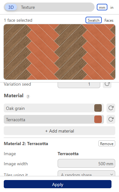 TileUp dialog Material section: oak and terracotta on one herringbone swatch, the second material selected