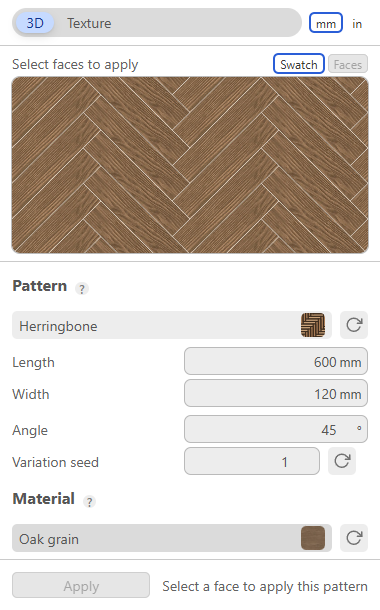 TileUp dialog in SketchUp: the 3D and Texture tabs, a seamless herringbone swatch, then the Pattern and Material sections