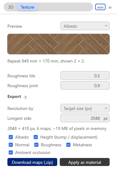 TileUp Texture tab: seamless herringbone texture with albedo, height, normal, roughness, metalness and ambient occlusion maps